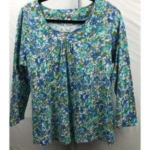 Talbots Top Women L Green Floral 100% Cotton Stretch 3/4 Sleeve Pleated Blouse